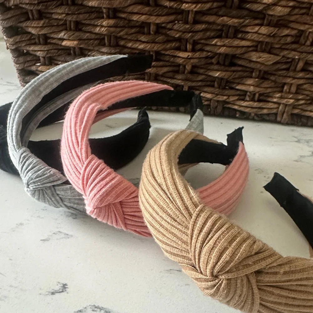 Set of Four Knotted Headbands in Black, Gray, Pink, and Tan